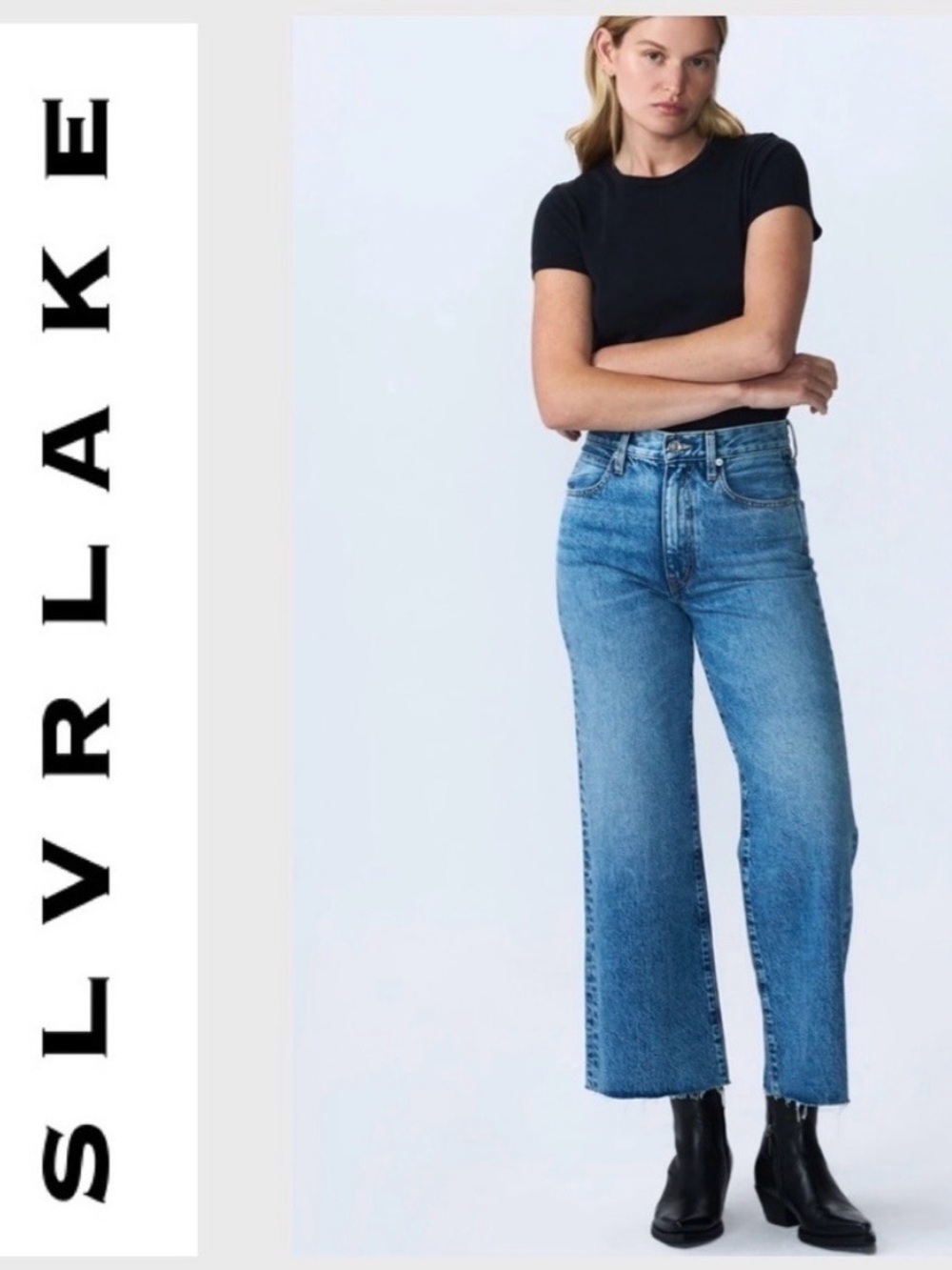 SLVRLAKE Grace Crop Wide Leg Jeans Women's Size 26 Medium Wash Raw Hem
